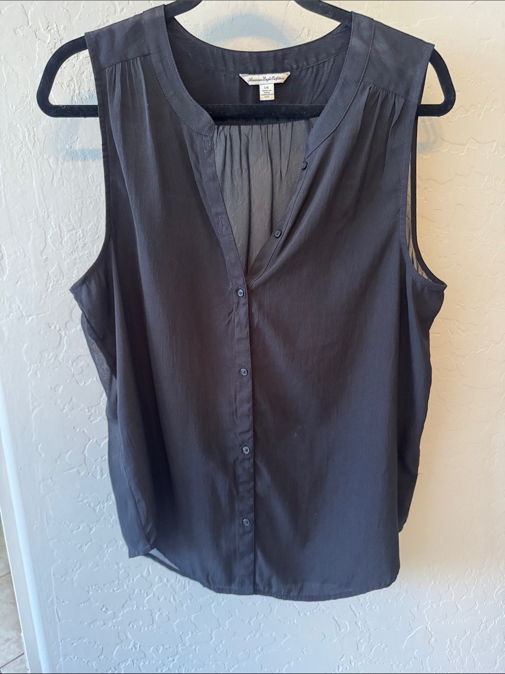 Shear Back Sleeveless Button-Front Black Blouse